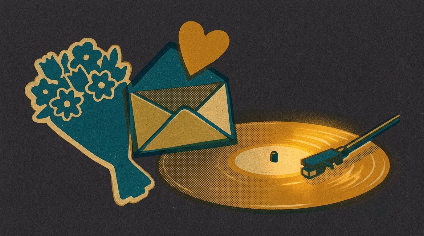 Personalized Mother's Day song gift — vinyl record, flowers, and love letter illustration